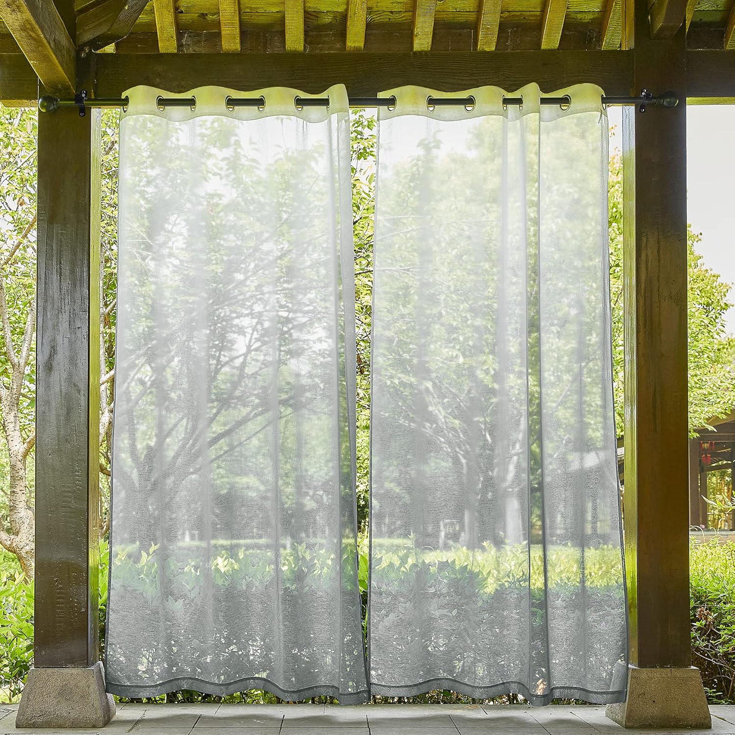 Outdoor Curtains - NICETOWN 2 Panels Outdoor Sheer Grey Ombre Curtains for Patio Waterproof, Rustproof Grommet Color Gradient Linen Sheer Panels for Porch/Yard, W54 x L108