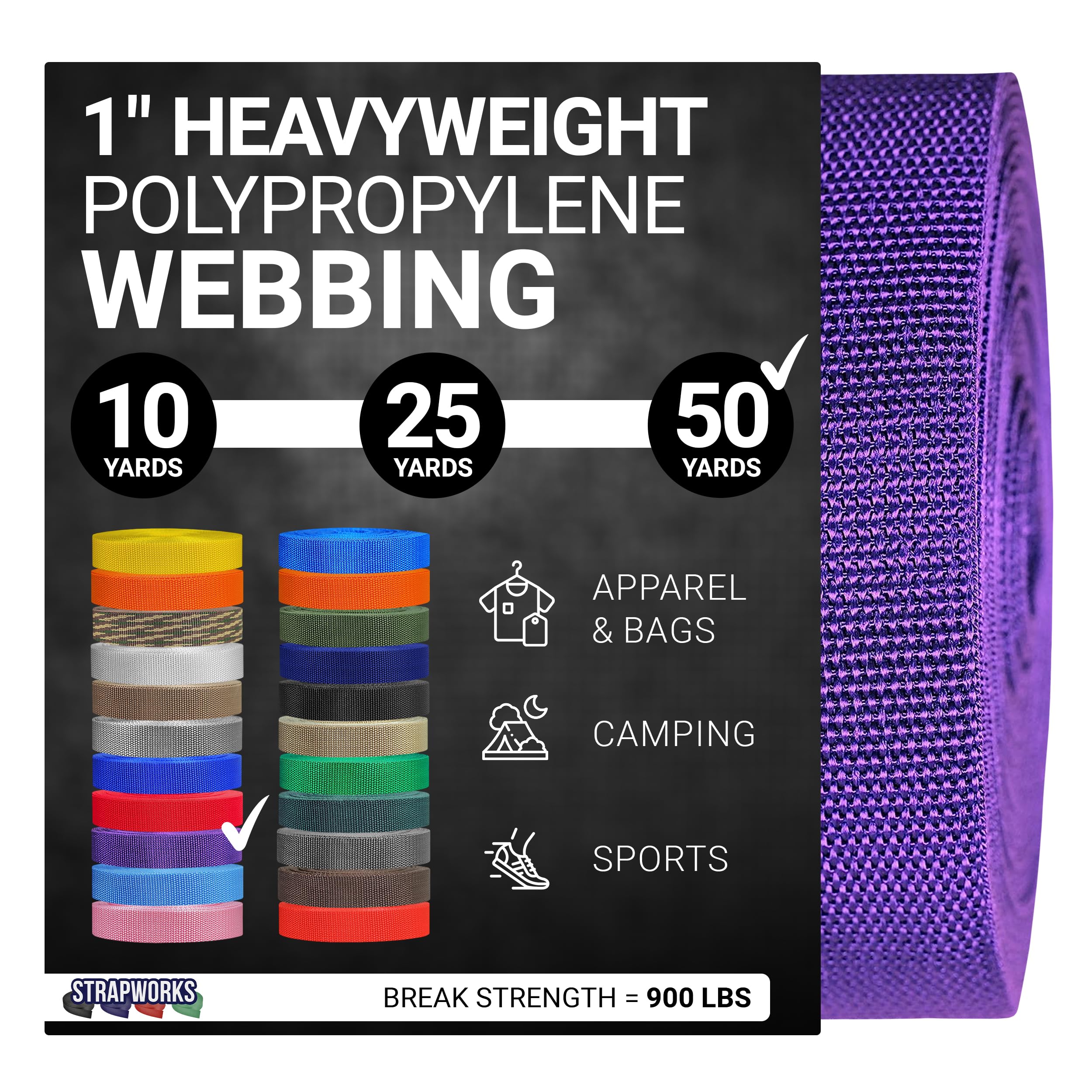 Strapworks Heavyweight Polypropylene Webbing - Heavy Duty Poly Strapping for Outdoor DIY Gear Repair, 1 Inch x 50 Yards - Purple