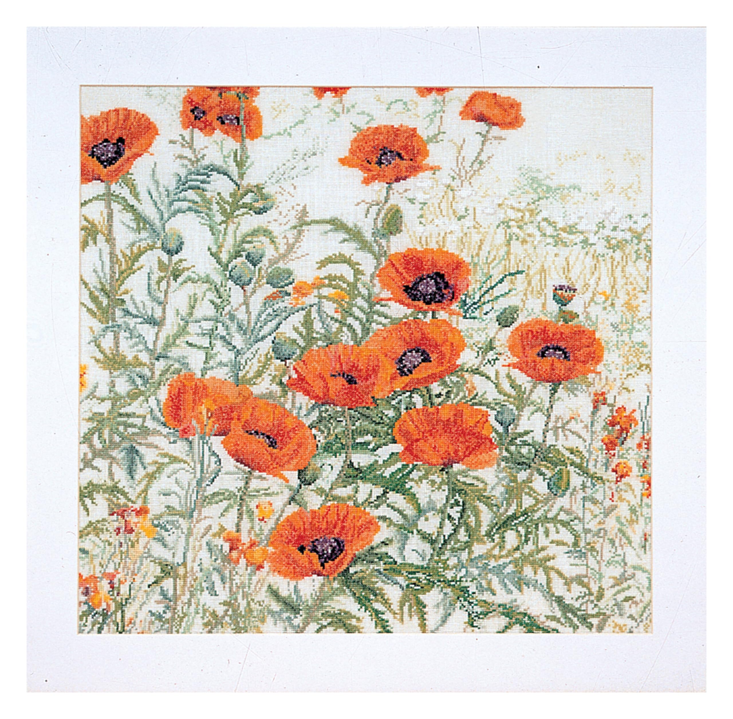Thea Gouverneur - Counted Cross Stitch Kit - Orange Poppies - Aida - 16 Count - Embroidery Kit for Adults - DMC Embroidery Threads and Other Cross Stitch Supplies Included - 2062A
