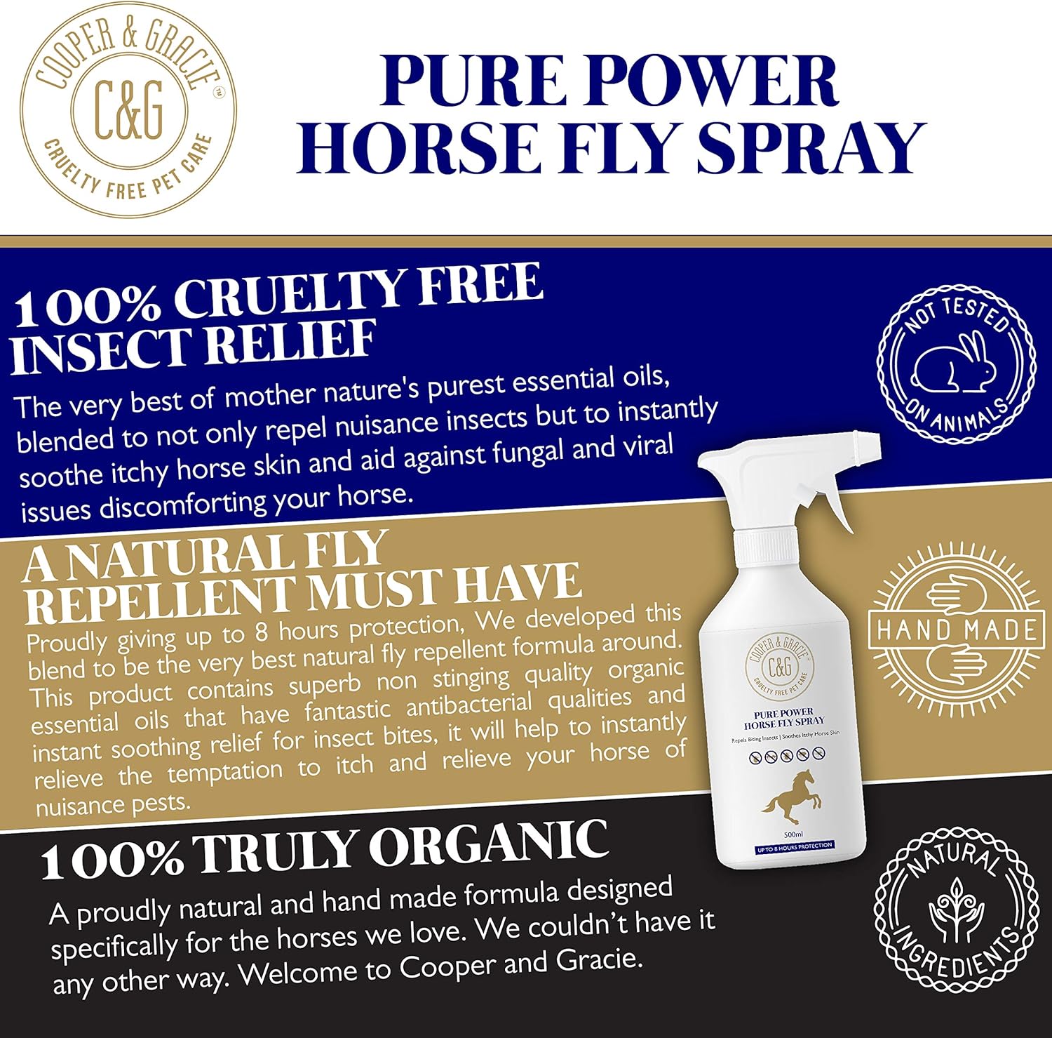 Pure Power Horse Fly Spray 500ml - 8-Hour Sweat-Resistant Citronella Spray by Cooper and Gracie, White, 500 ml (Pack of 1) - Image 3