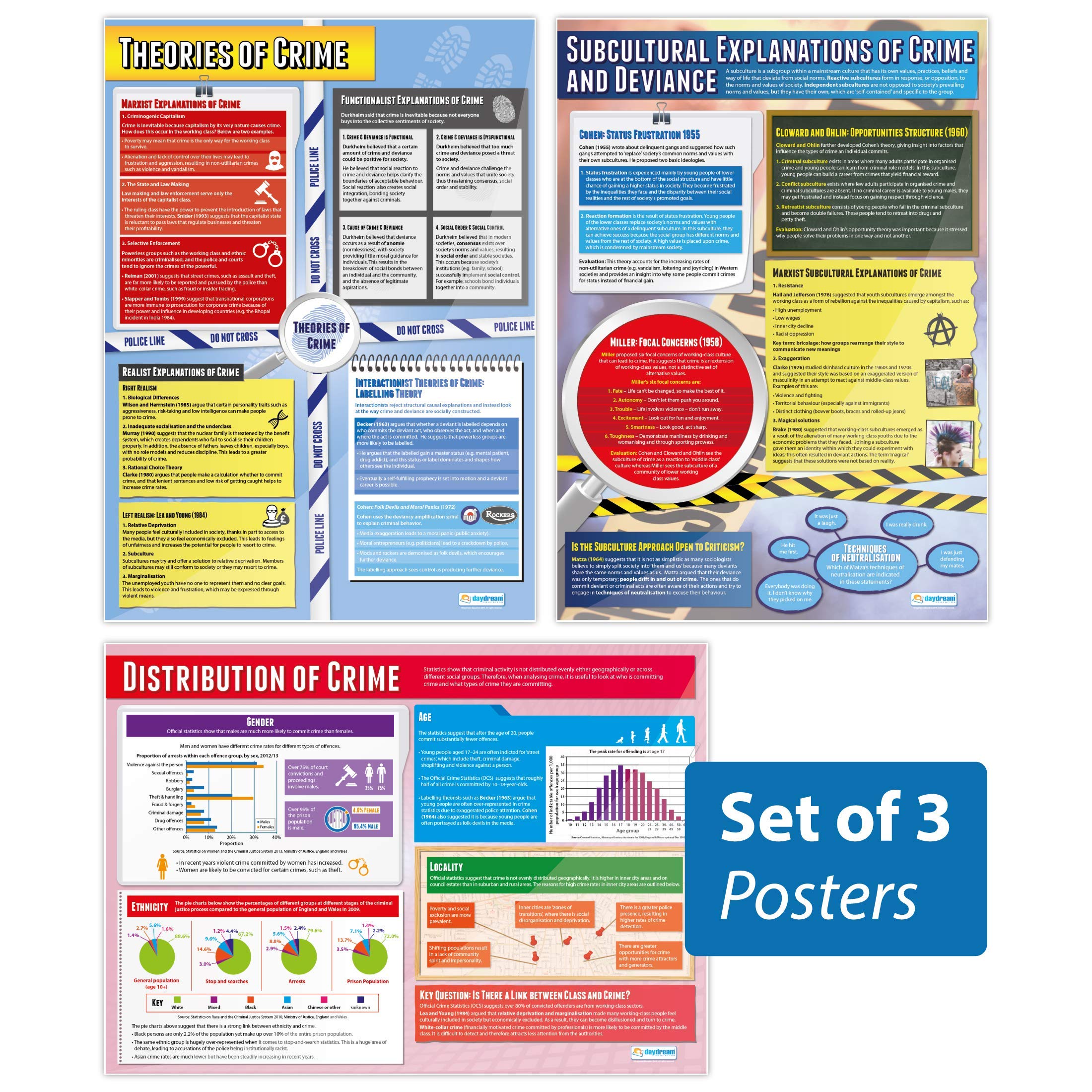 Daydream Education Crime Posters - Set of 3 | Sociology Posters | Gloss Paper measuring 850mm x 594mm (A1) | Sociology Class Posters | Education Charts