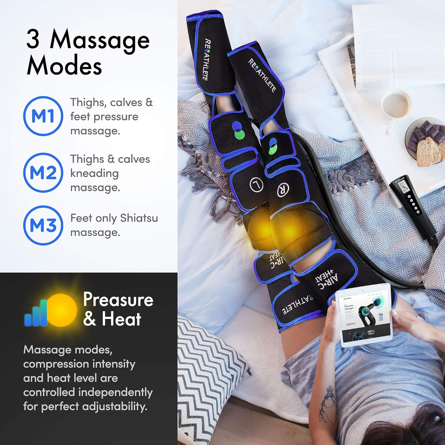 Reathlete Leg Massager, Air Compression for Circulation Calf Feet Thigh Massage, Muscle Pain Relief, Sequential Boots Device with Handheld Controller with Knee Heat Function: Health & Personal Care