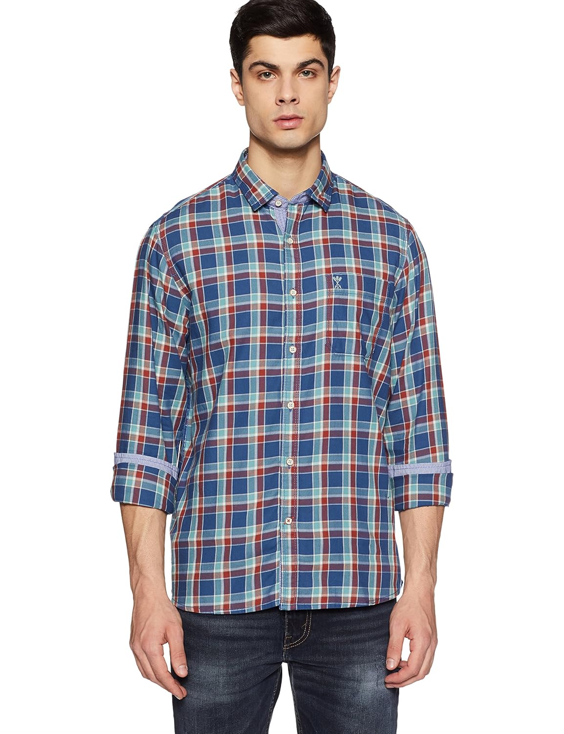 arrow jeans men's checkered slim fit cotton casual shirt
