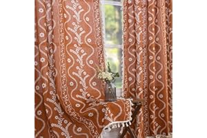 Schweek Rust Orange Boho Curtains 96 Inch Length Linen Curtains for Living Room 2 Panels, Vintage Farmhouse Printed Floral Ru