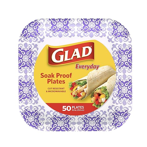 GLAD SQUARE DISPOSABLE PAPER PLATES FOR ALL OCCASIONS | SOAK PROOF, CUT PROOF, MICROWAVEABLE HEAVY DUTY DISPOSABLE PLATES | 8.5″ DIAMETER, 50 COUNT BULK PAPER PLATES