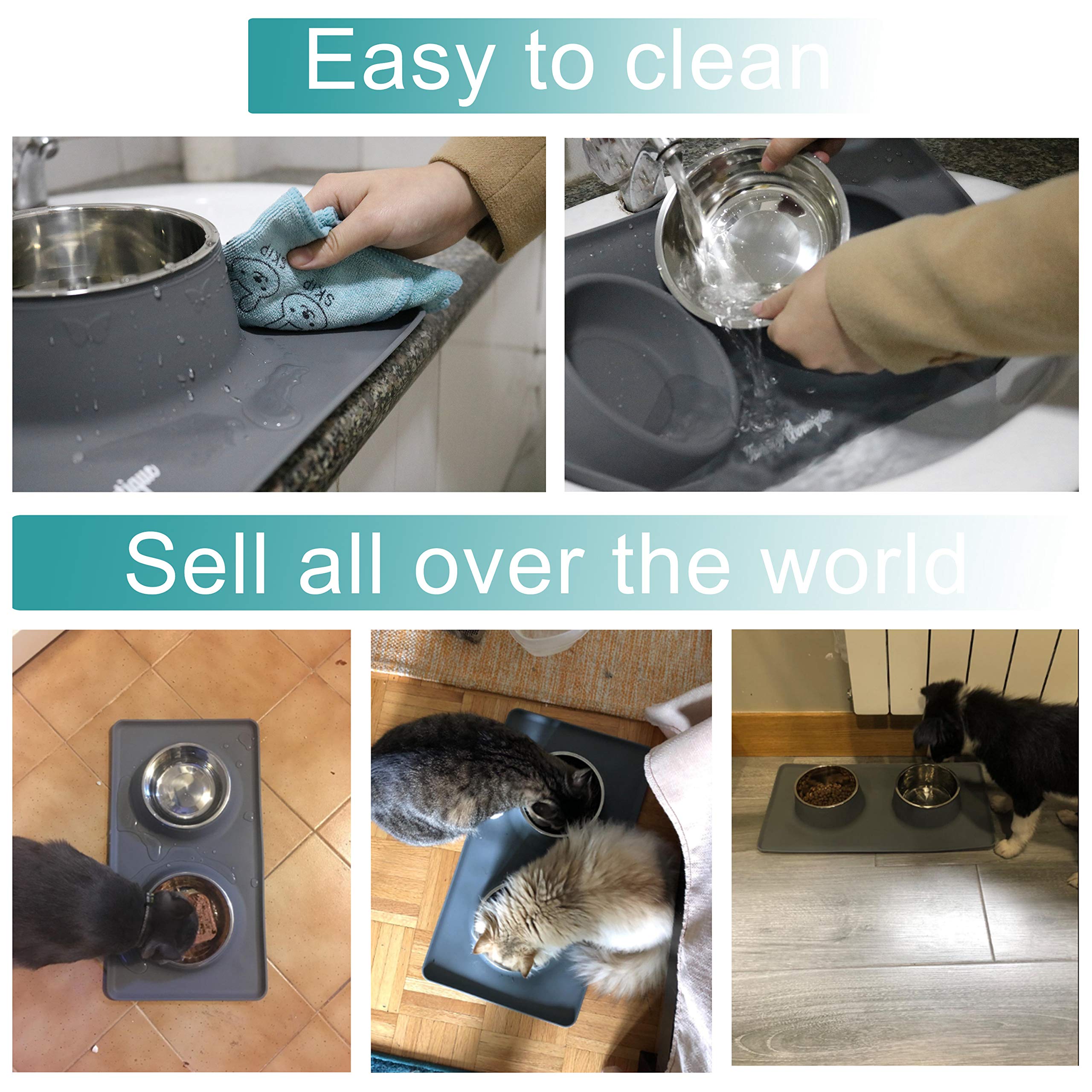 Home of Boutique Dog Bowls, Stainless Steel Pet Food Bowl, Cat Water Bowls with No-Spill Anti-Slip Silicone Mat for Large or Medium Dogs or Cats, Set of 2 Bowls (L, Gray)