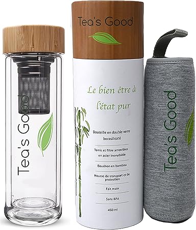 Teas Good Bouteille Isotherme Thermos Double Verre Avec Filtre 2 En 1 Pour Thé Café Fruits Infusés 450 Ml Théière Nomade Avec Bouchon En
