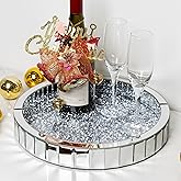 blingworld Silver Decorative Tray, Mirored Trays with Crushed Diamond Crystal Vanity Tray Round Super Gorgeous Trays Jewelry Organizer for Dresser, Coffee Table, Bedroom Ottoman 14”x14”x 2”