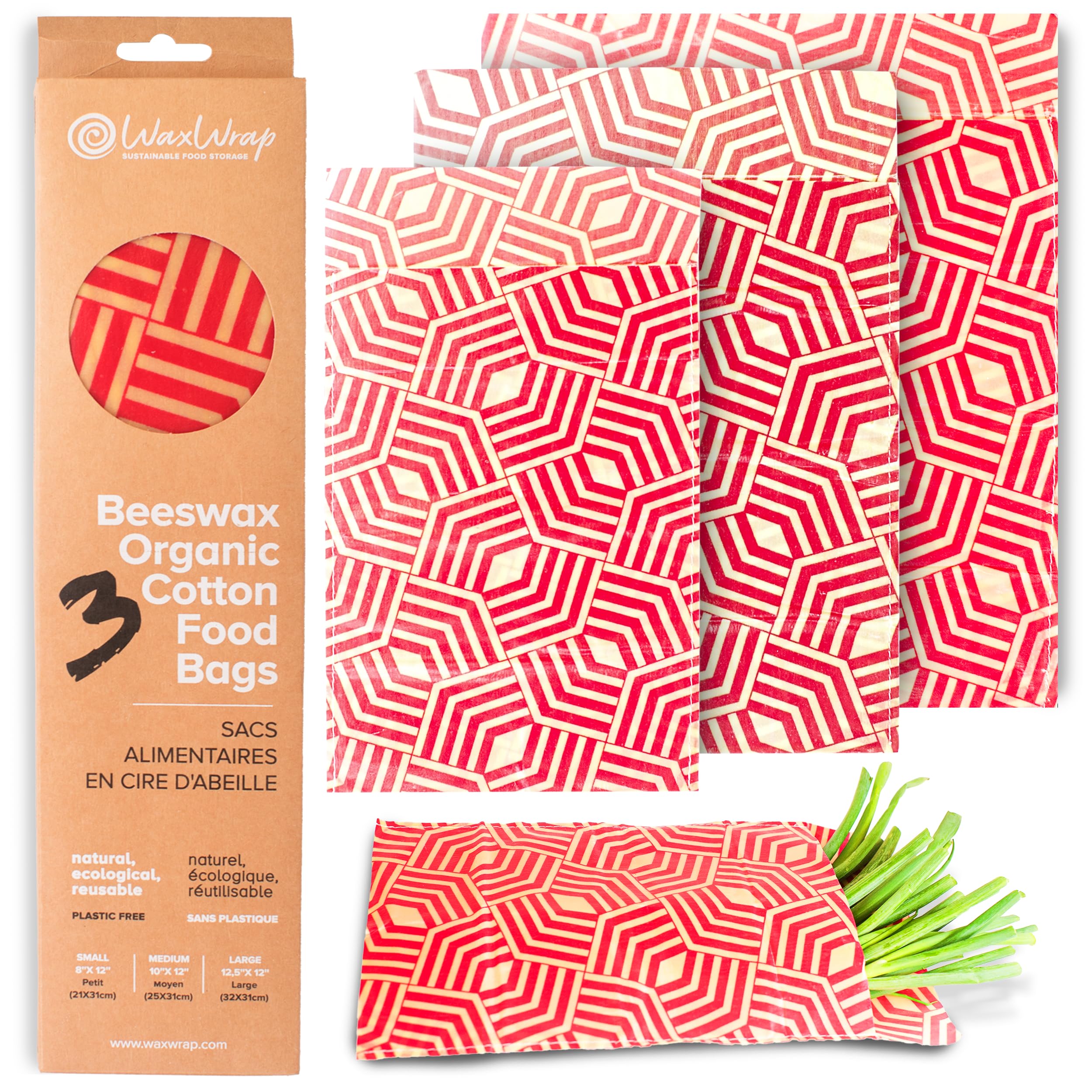WaxWrap - Waxed Cotton Food Bags Set of 3 - Small 21x31cm, Medium 25x31cm, Large 32x31cm - Sustainable, Reusable, Eco-Friendly, Plastic-Free, 201g