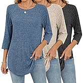 Riyiper 3 Pack Women's 3/4 Sleeve Crew Neck Tunic Tops, Raglan Sleeve Ribbed Curved Hem Side Split T-Shirts Loose Pullovers