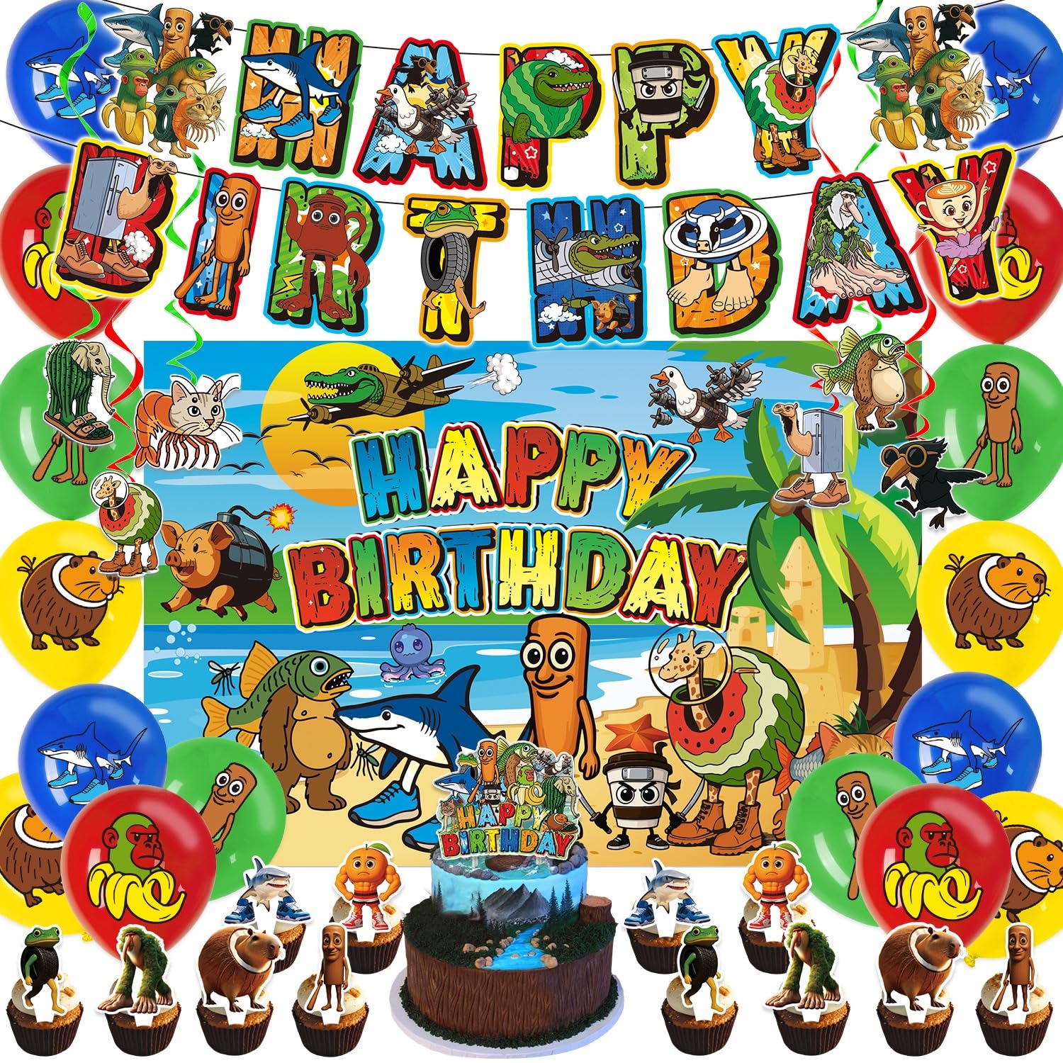 Photo 1 of 100 pcs Eid al-Fitr Italian Brainrot Party Decorations Shark in the Shoe Bombardiro Crocodilo Birthday Party Decoration Set – Includes Banner, Balloons, Cake Topper (Happy Eid/Party Theme)Stickers