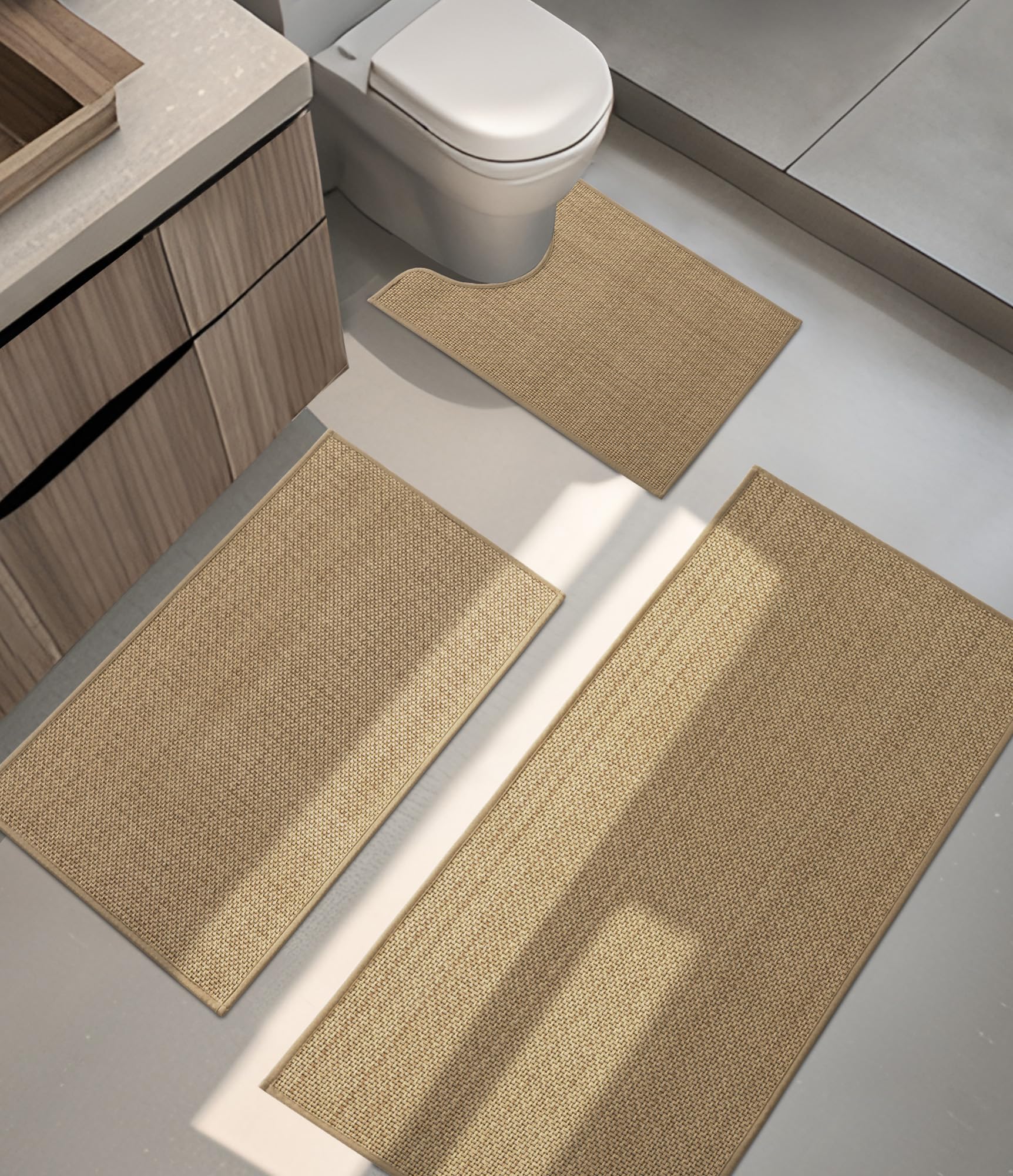 Photo 1 of YIHOUSE Bathroom Rugs Sets 3 Pieces, Beige Ultra Thin Bath Mats Fit Under Door, Absorbent Quickly Dry Rubber Backing Braided Bath Mat Set, Non Slip Washable Bath Rugs for Bathroom Floor, Beige