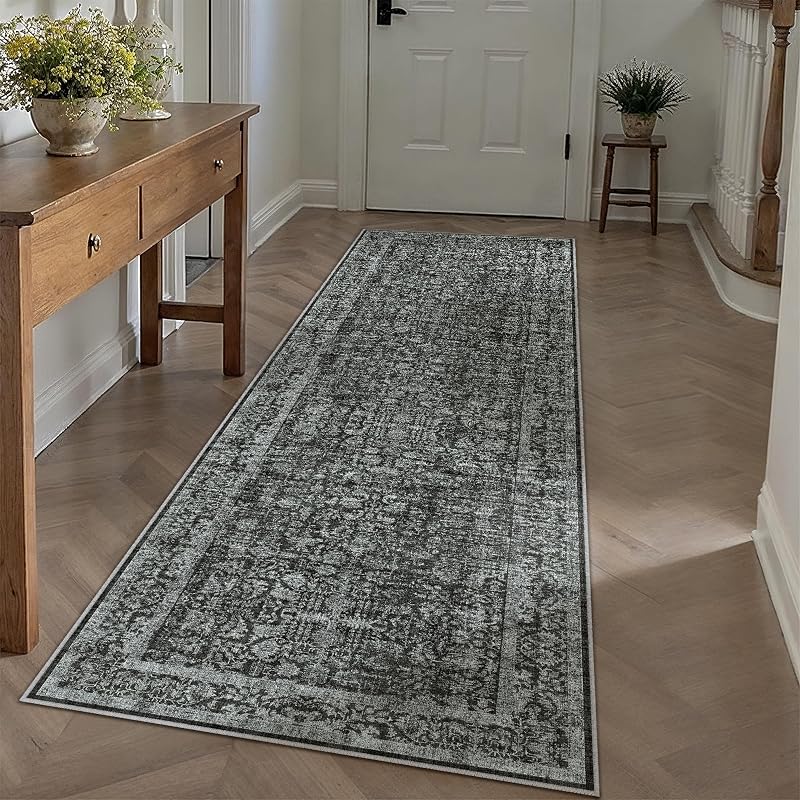 Tiefschwarz Vintage Teppich Läufer Flur 60x240cm Waschbar — Foto 3 von 6
