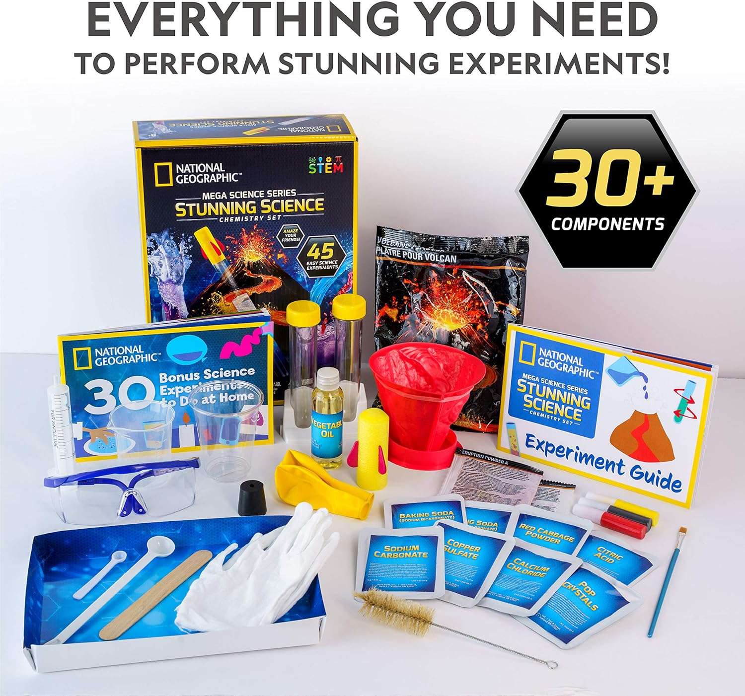 NATIONAL GEOGRAPHIC Stunning Chemistry Set - Mega Science Kit with Over 15 Easy Experiments, Make a Volcano, Launch a Rocket, Create Fizzy Reactions, & More, STEM Toy, an  Exclusive Science Kit: Toys & Games