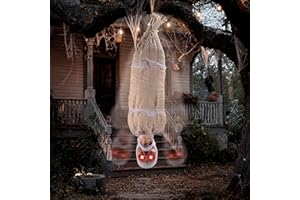 JOYIN 35" Halloween Animated Hanging Cocoon Decoration, Dead Body Prop with LED Light Up Eyes & Sound Effect, Skeleton for Ya
