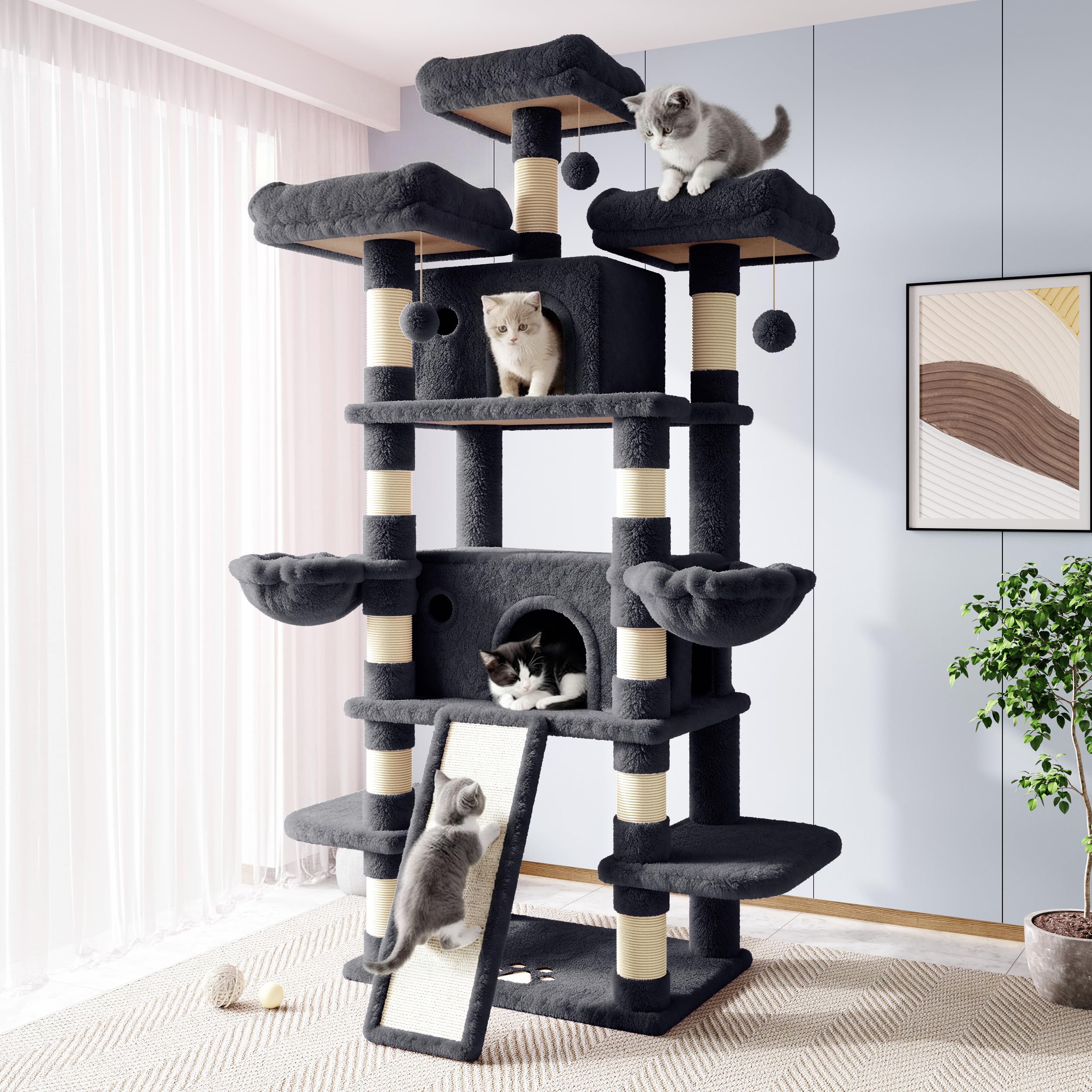 Allewie 82 Inches Large Cat Tree/House/XXL Tall Cat Towers for Big Feline/Scratching Post/Multi-Level Large Kitty Climbing Tree with Condo/Smokey Grey Image