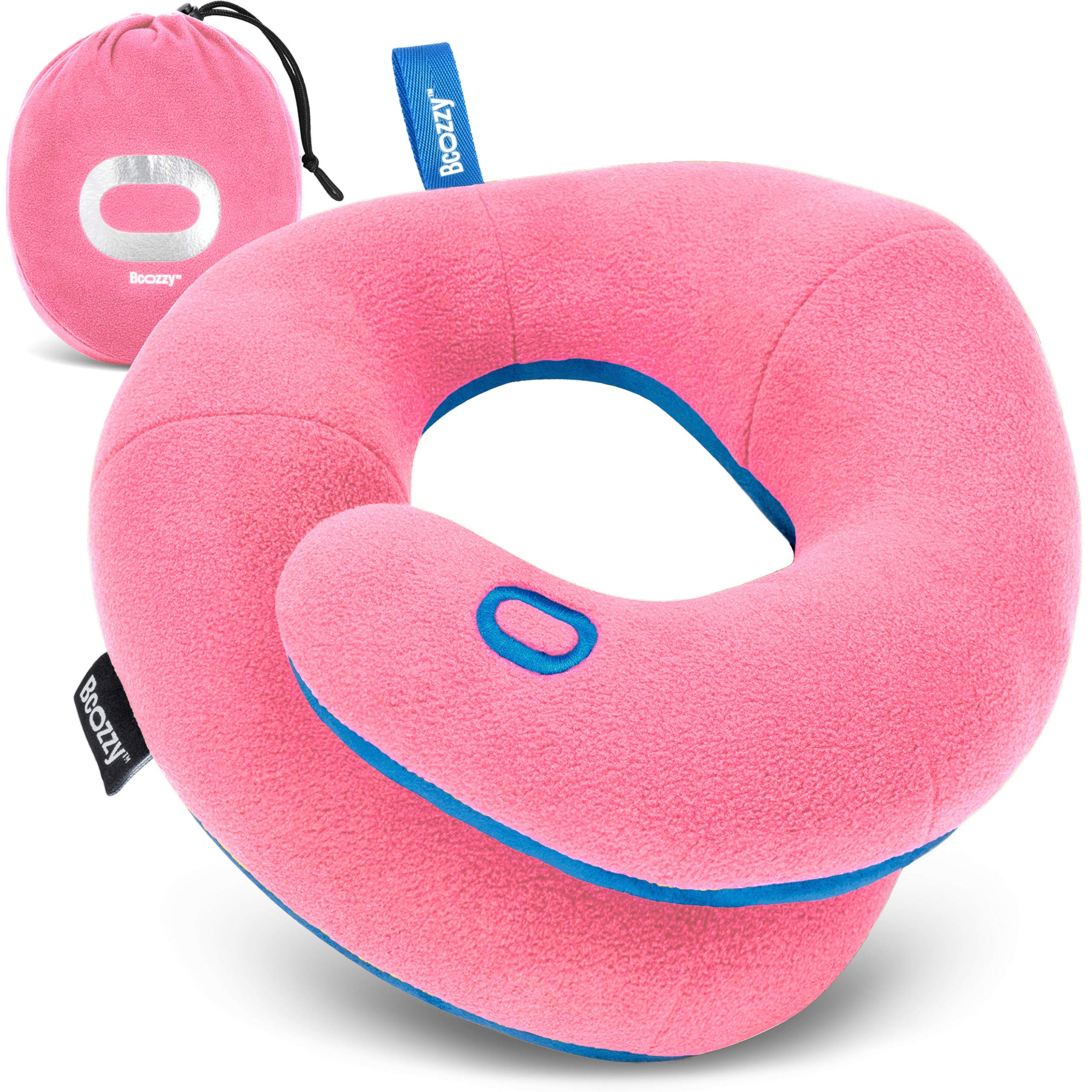 BCOZZY Kids Chin Supporting Travel Pillow for Ages 3–7- Patented Soft Neck Pillow for Head and Chin Support in Car Seat and Airplane. Comfortable Travel Essential. Small Size, Bag, Pink — image 1