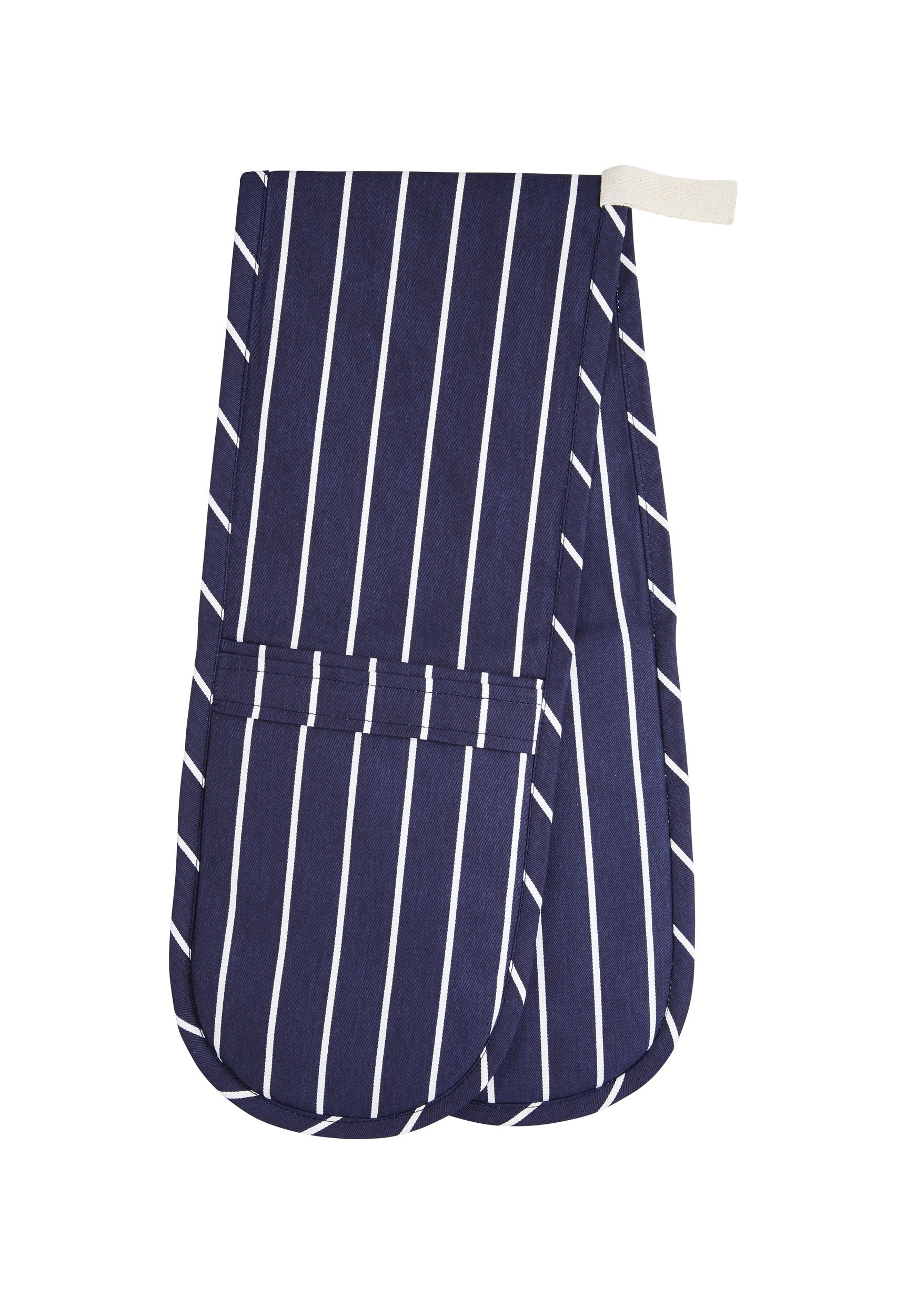 KitchenCraft Double Oven Gloves with 'Butcher's Stripe' Design, Cotton/Polyester, Navy Blue/White, 87 x 18.5 cm