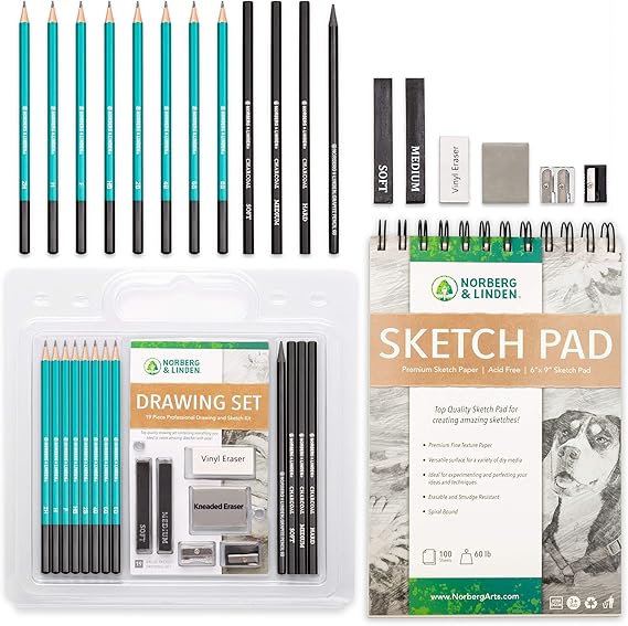 Free Hand Drawing and Sketch Art Kit with 100 Page Sketch Pad. Drawing, Sketching and Charcoal