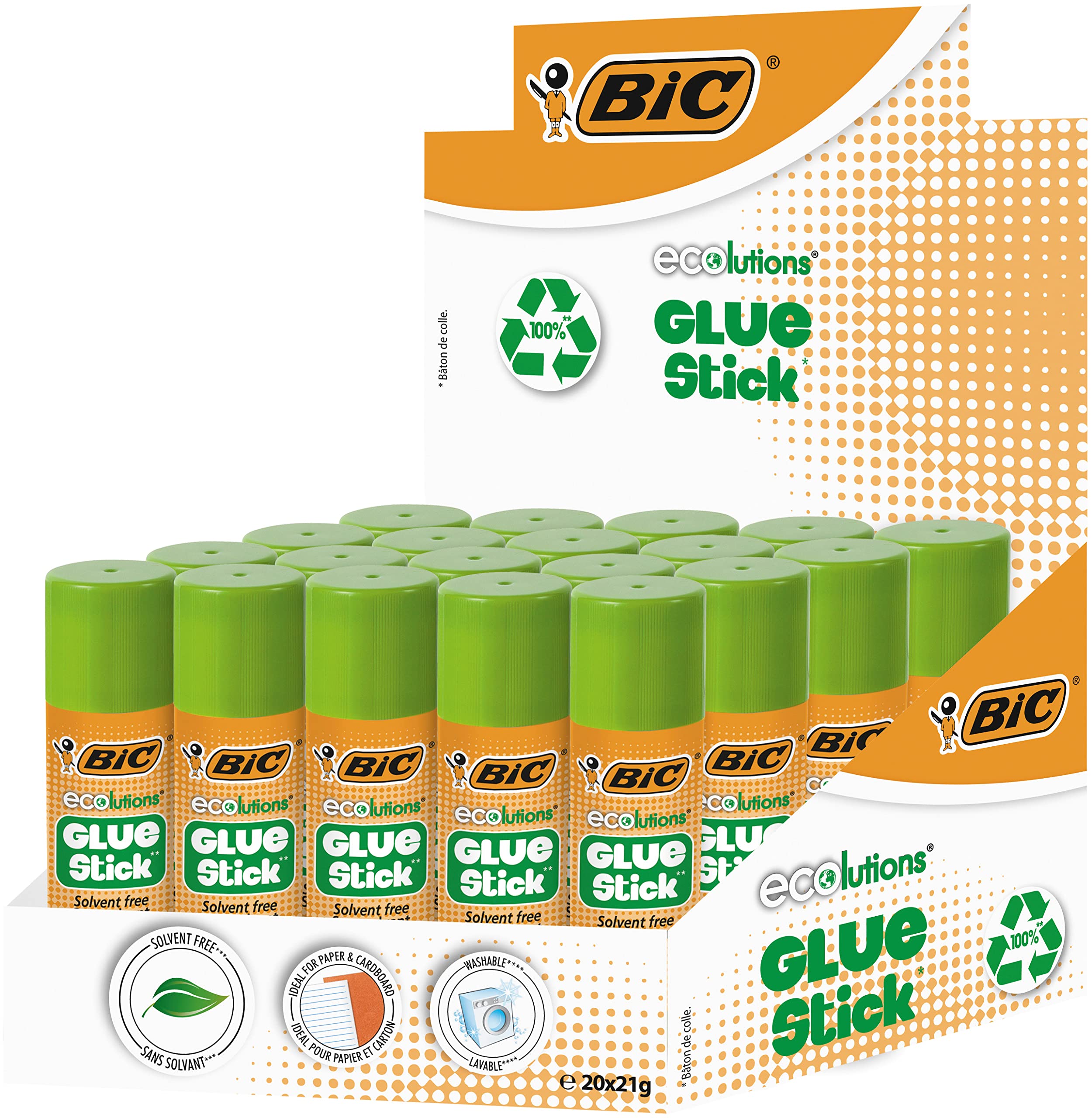 BIC Ecolutions Glue Stick (Box of 20), Green, 21g
