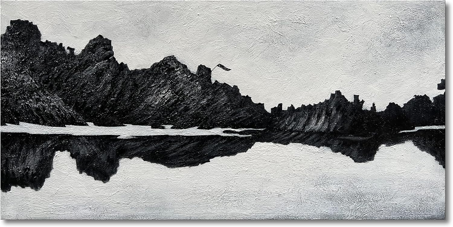 Paintings - NANKAI Hand-painted black and white Wall Art Minimalist landscape Abstract painting Large cloth texture wall art 30x60 inches