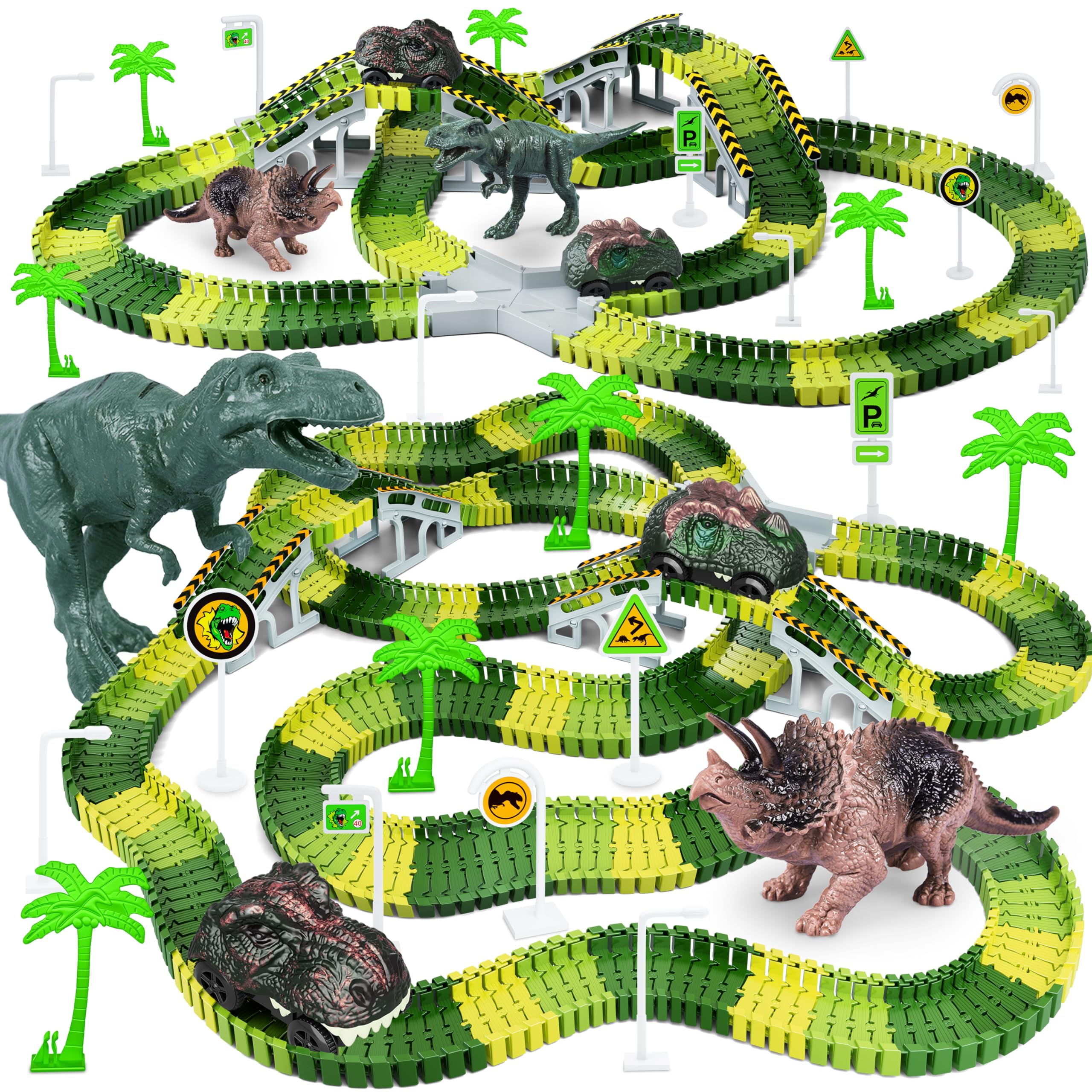 252 Pcs Dinosaur Race Track Playset - Flexible & Bendable Track with 2 Dinosaur Cars,Car Track Construction Toys,Boy Toys,Birthday for 3 4 5 6 7 8 Year Olds Boys & Girls