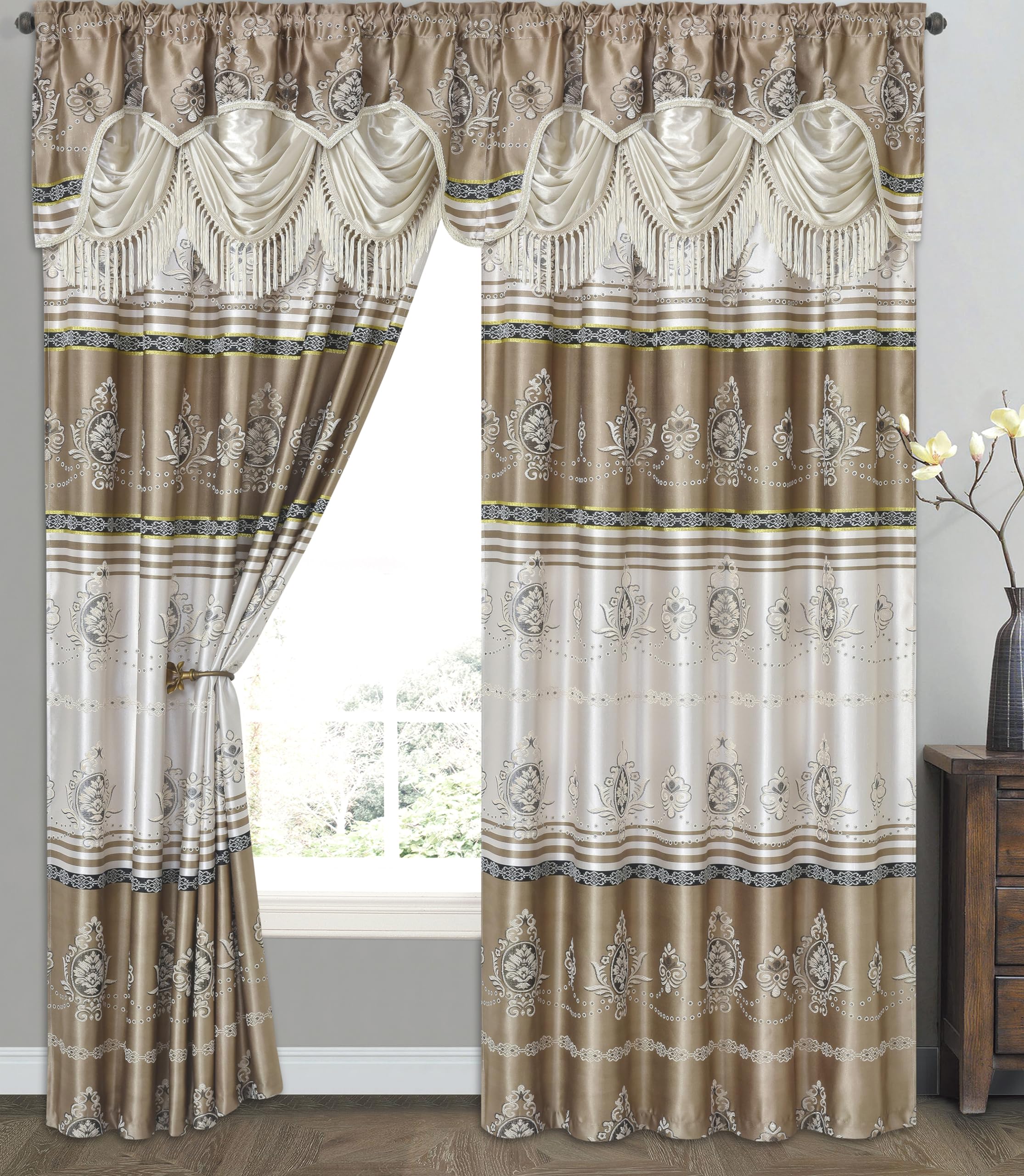 GOHD Golden Ocean Home Decor Harmony Horizon. Jacquard Window Curtain Panel Drape with Attached Fancy Valance. 2pcs Set. Each pc 54" Wide x 90" Drop with 18" Valance. (Sand)