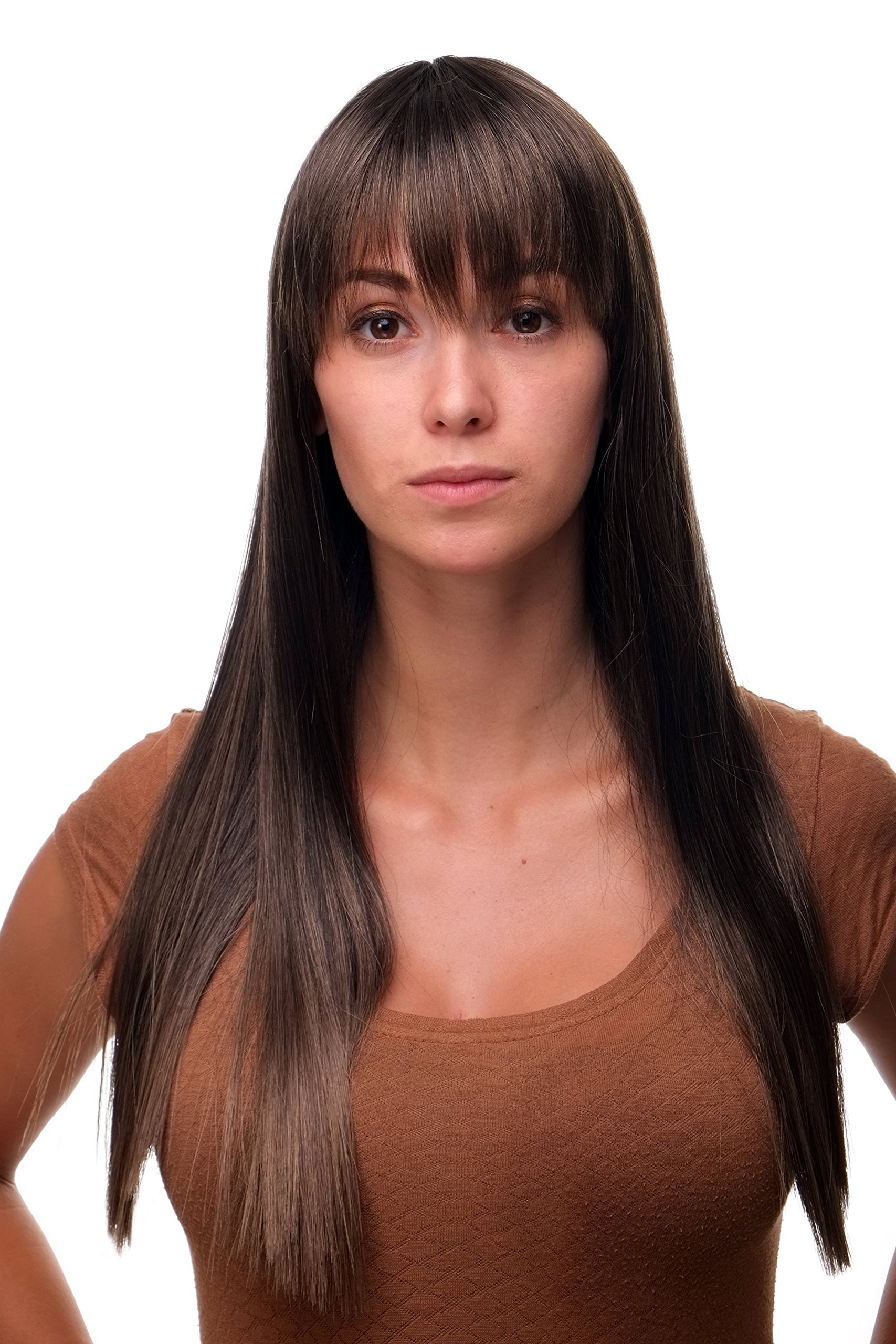 WIG ME UP GFW373-2T10 Sexy Lady Quality Wig long straight fringe bangs dark brown with medium brown strands streaks highlights 23inch