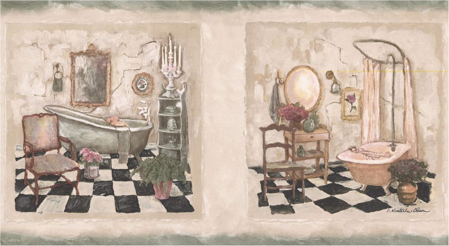 Wall Border Vintage Bathrooms in Squares Faux Distressed Wallpaper