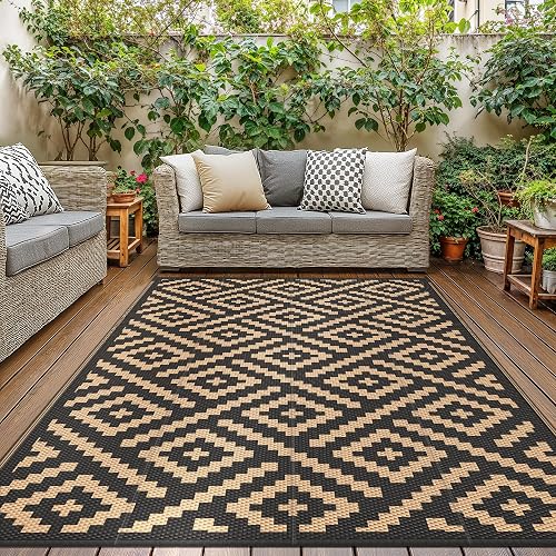 GENIMO Outdoor Rug 150x240cm – Reversible Waterproof Garden Carpet, Washable Plastic Patio Mat for Picnic, Decking, Camping, Backyard – Black & Brown