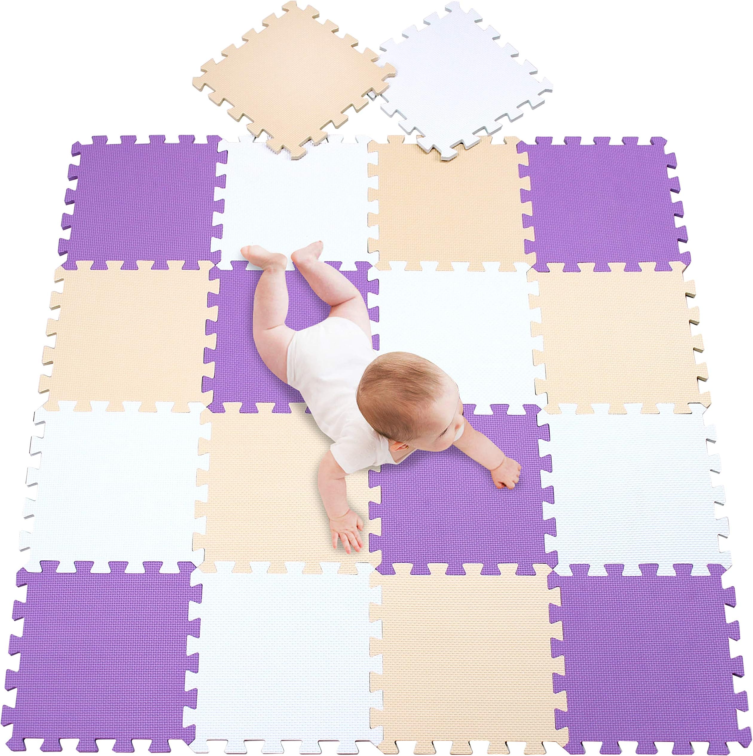 meiqicool Foam Play Mat - 18pcs Soft EVA Interlocking Foam Floor Mats Children Yoga Exercise Jigsaw Puzzle Blocking Board Kids Playmats Tiles playmats Foam Play White Beige Purple 011011