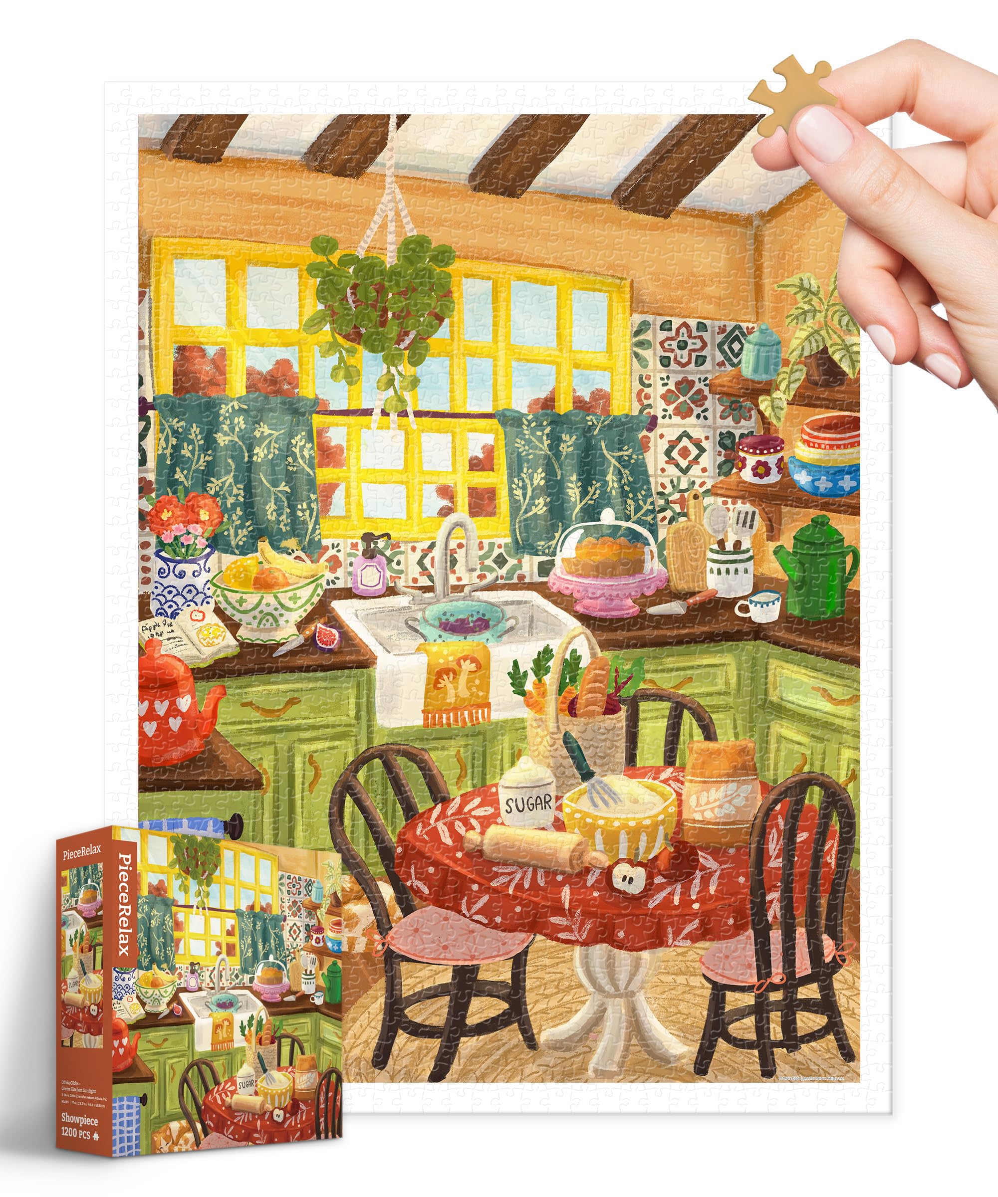 PieceRelax 1200-Piece Plastic Jigsaw Puzzle for Adults - Olivia Gibbs - Green Kitchen Sunlight - Challenging Extra Small Pieces, No Mat Needed, Relaxation & Gift [H3649]