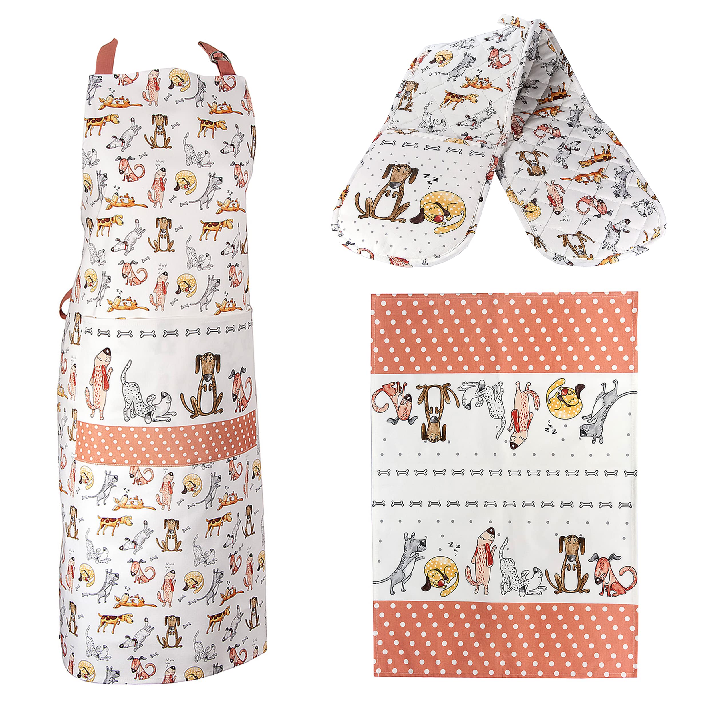 SPOTTED DOG GIFT COMPANY 3 Piece Kitchen Textiles Set - Dog Apron, Double Oven Gloves & Tea Towel, 100% Cotton, Cute Animal Themed Kitchen Accessories for Cooking & Baking, Gifts for Dog Lovers