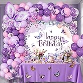 Purple Butterfly Birthday Decorations Balloon Arch Kit - Glitter Butterfly Party Supplies with Garland, Backdrop, Centerpieces for Women Girls Birthday Party Decor