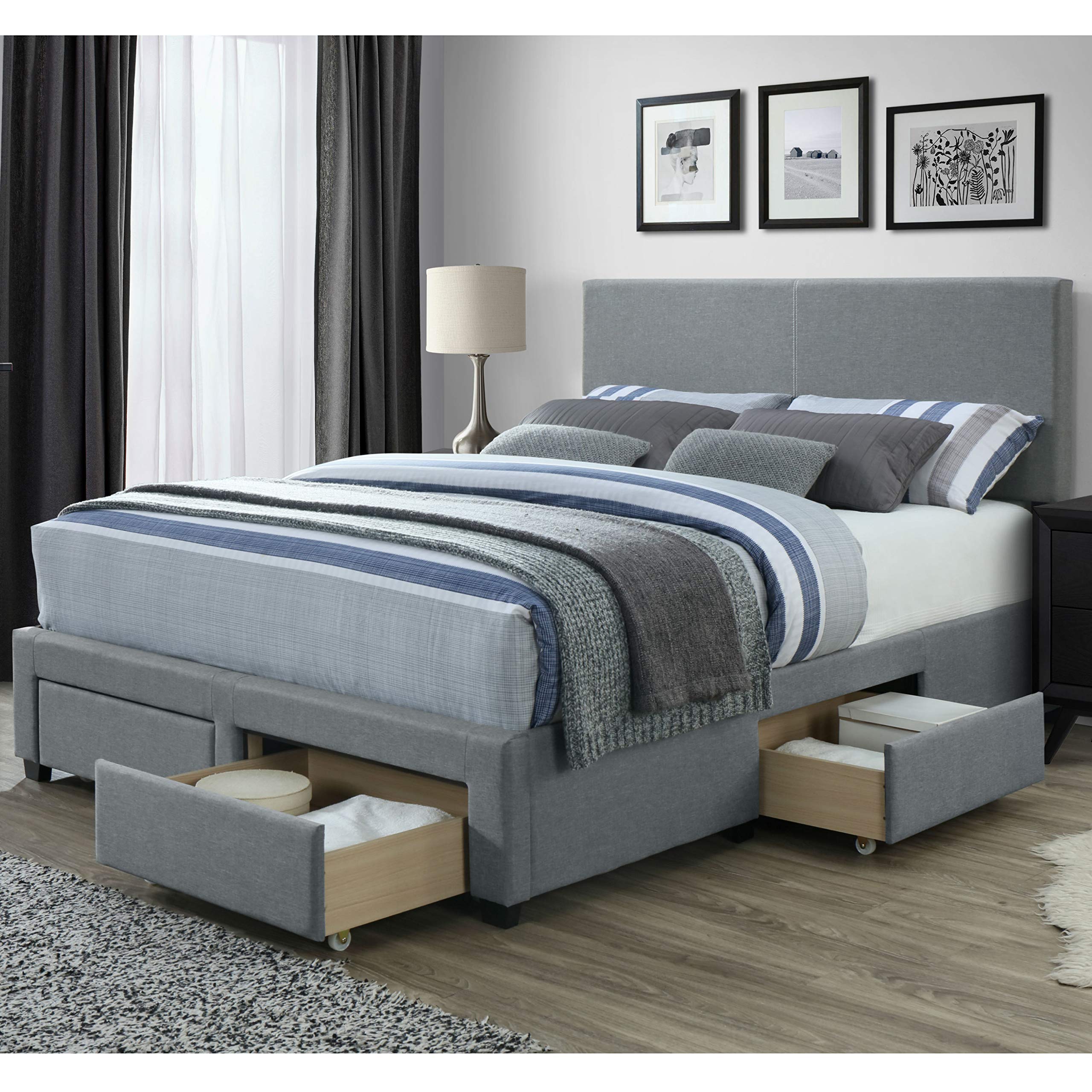 Dg Casa Kelly Panel Bed Frame With Storage Drawers And Upholstered Headboard King Size In Grey Linen Style Fabric Buy Online In India At Desertcart In Productid 170269977 King Bed Frame With Drawers And Headboard