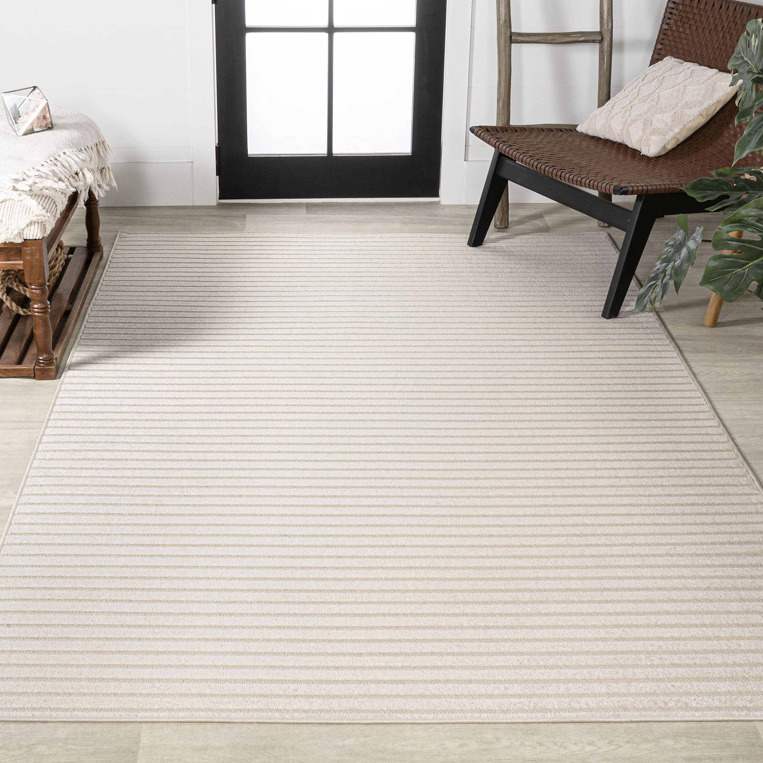 Photo 1 of JONATHAN Y Aarhus High-Low Striped Ivory/Cream Indoor/Outdoor Area Rug 12x15, Minimalist Geometric, Pet Friendly, Non-Shedding, Stain Resistant, Easy-Cleaning for Backyard, Patio (SCN102B-15)