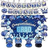 Graduation Decorations 2025 Themed Set - Congrats Grad Banner, Class of 2025 Backdrop, Balloons & Streamers Kit - Complete Party Supplies for High School & College Celebrations (Blue)