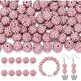 100Pcs Rhinestone Beads 10mm for Jewelry Making, Shiny Round Shamballa Disco Beads Bling Sparkle Rhinestone Clay Beads for Necklace Bracelet Earring Making and DIY Decoration(Pink)