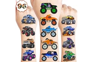 91TATTOOS 96 PCS Monster Truck Race Car Pre-Cut Temporary Tattoos for Kids | Super Cute Themed Birthday Party Favors, Supplies, Decorations, Fake Tattoo Stickers, Rewards & Gifts for Boys Girls
