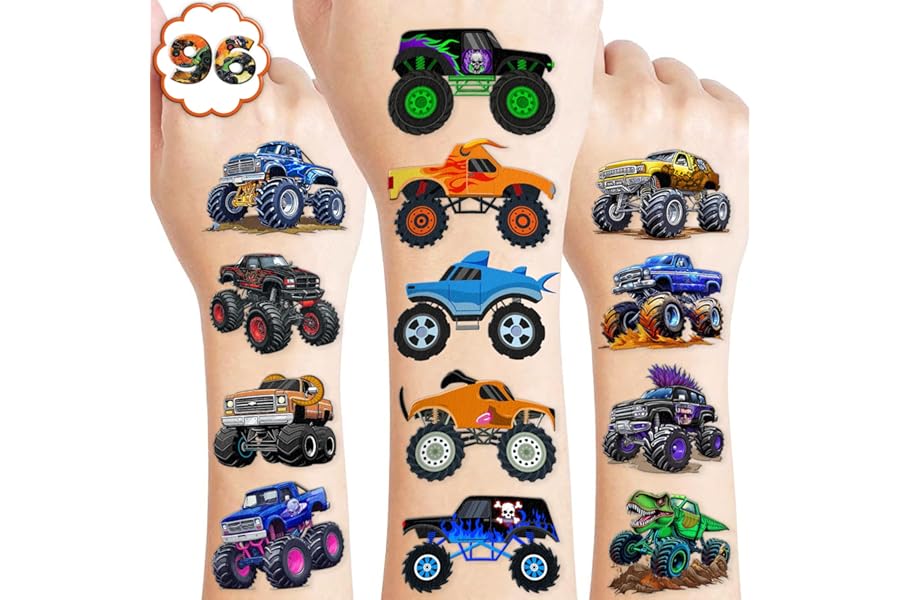 96 PCS Monster Truck Race Car Pre-Cut Temporary Tattoos for Kids | Super Cute Themed Birthday Party Favors, Supplies, Decorations, Fake Tattoo Stickers, Rewards & Gifts for Boys Girls