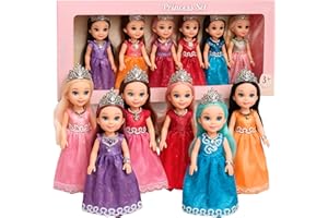 TOMLEON Princess Dolls Playset – 6 Mini Princess Dolls with Colorful Gowns, Crowns & Jewelry – Fantasy Role Play Set for Kids with Elegant Dresses, Accessories & Royal-Themed Box – Gift for Ages 3+