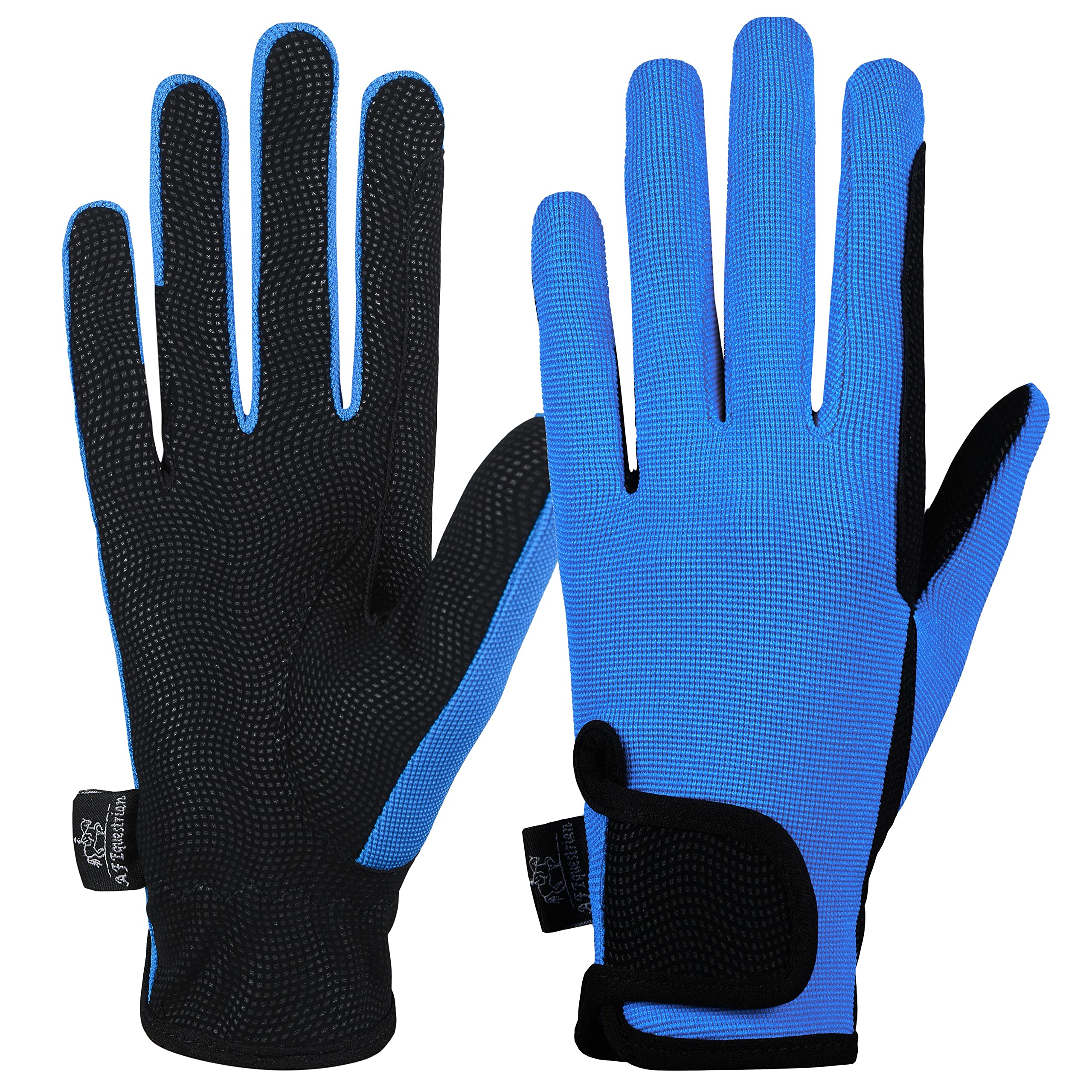 AFE Ladies Horse Riding Gloves Track Fabric Gloves Synthetic Leather Equestrian Black Stretch Fabric (Blue, Large)