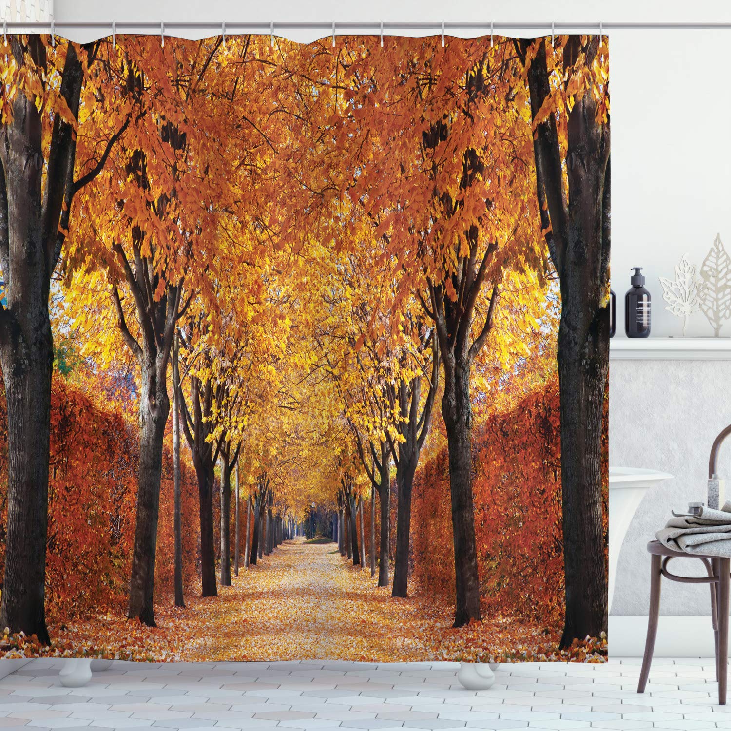 ABAKUHAUS Autumn Shower Curtain, Pathway in The Woods Covered Dried Deciduous Tree Leaves Romantic Fall Season, Cloth Fabric Bathroom Decor Set with Hooks, 78" Inches, Orange