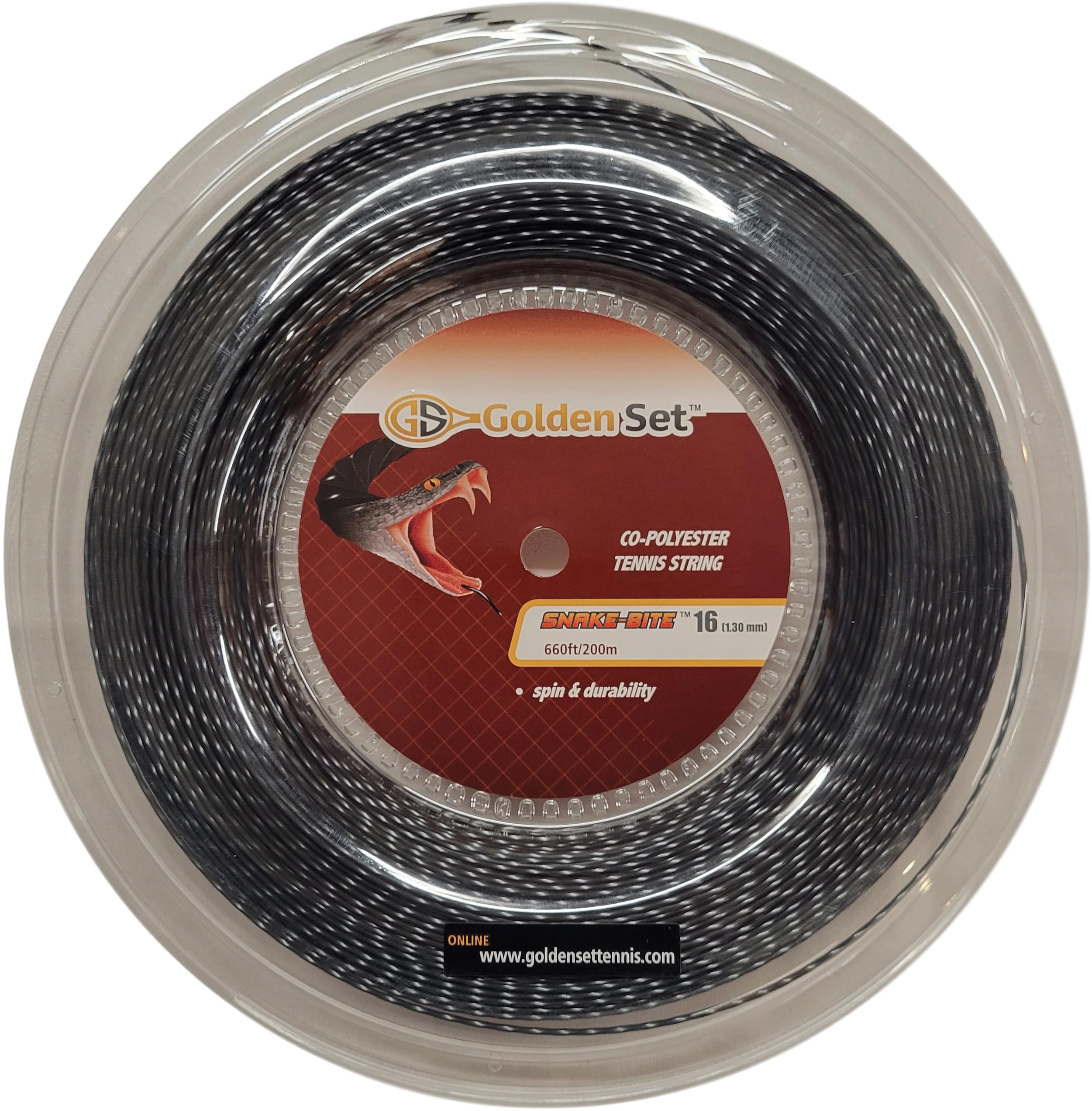 Golden Set Tennis Snake-Bite Polyester Tennis String (Black, 16 Gauge Reel (660ft/200mm) — image 1