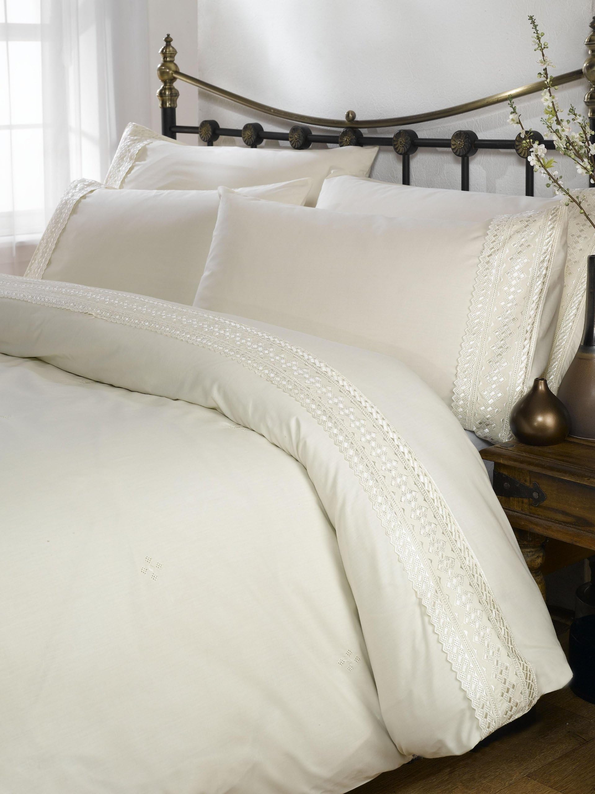 Hampton Duvet Cover Set, Superking Size Quilt Cover Cream Cotton 300 Thread Count Sateen Stripe Bed Covers Luxury