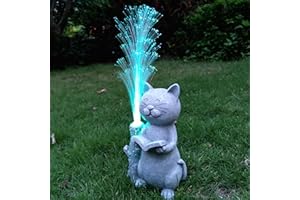 RCTTICUU Cat Solar Garden Statues,Resin Cat Figurine Reading a Book and 7-Color Changing Optical Fiber with Solar Lights, Lawn Decor Outdoor Statue for Patio,Balcony,Yard,Lawn Ornament