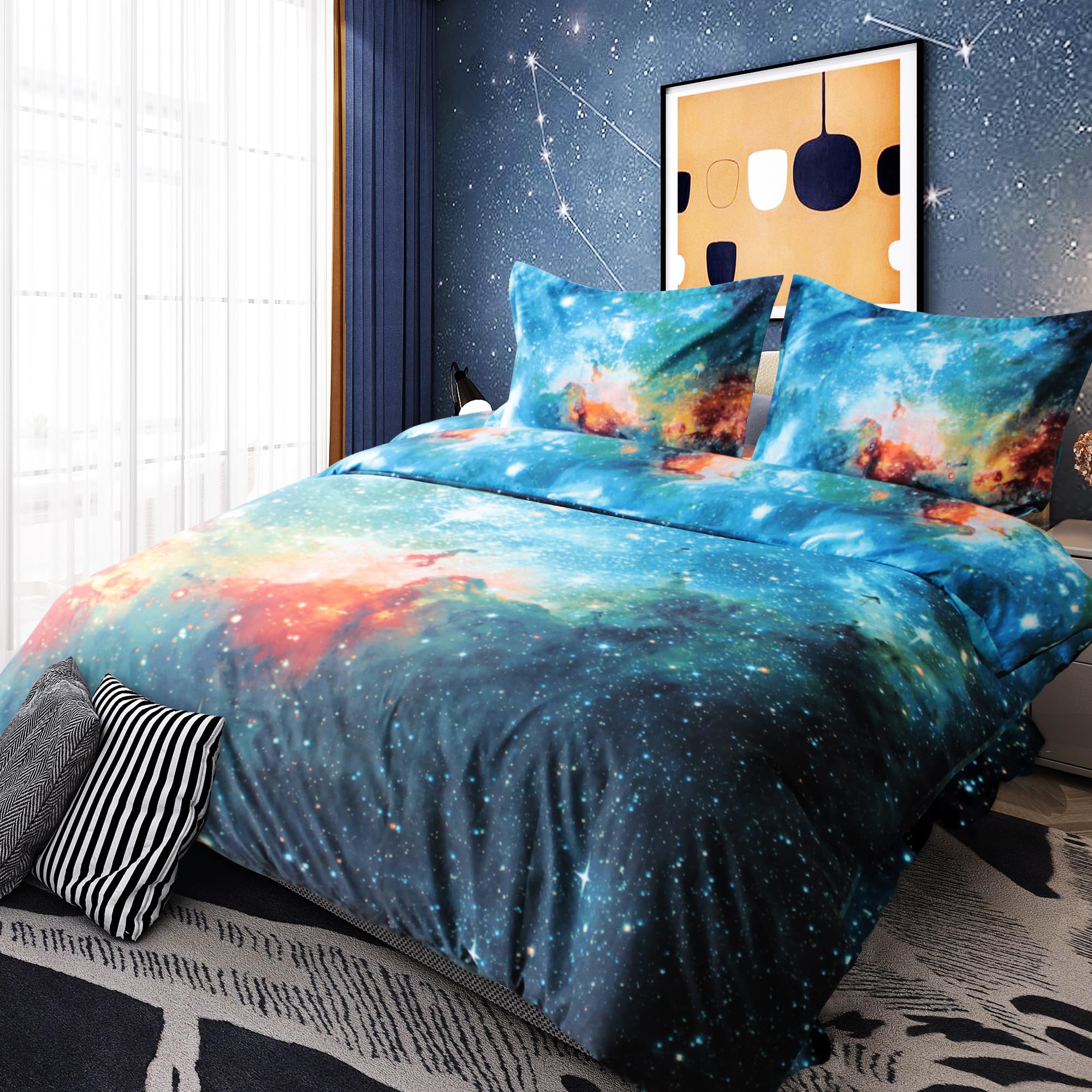 choicehot Duvet Cover Set Single Size - Space Galaxy Reversible Kids Quilt Cover Planet Theme Green Easy Cleaning Ultra Soft Comforter