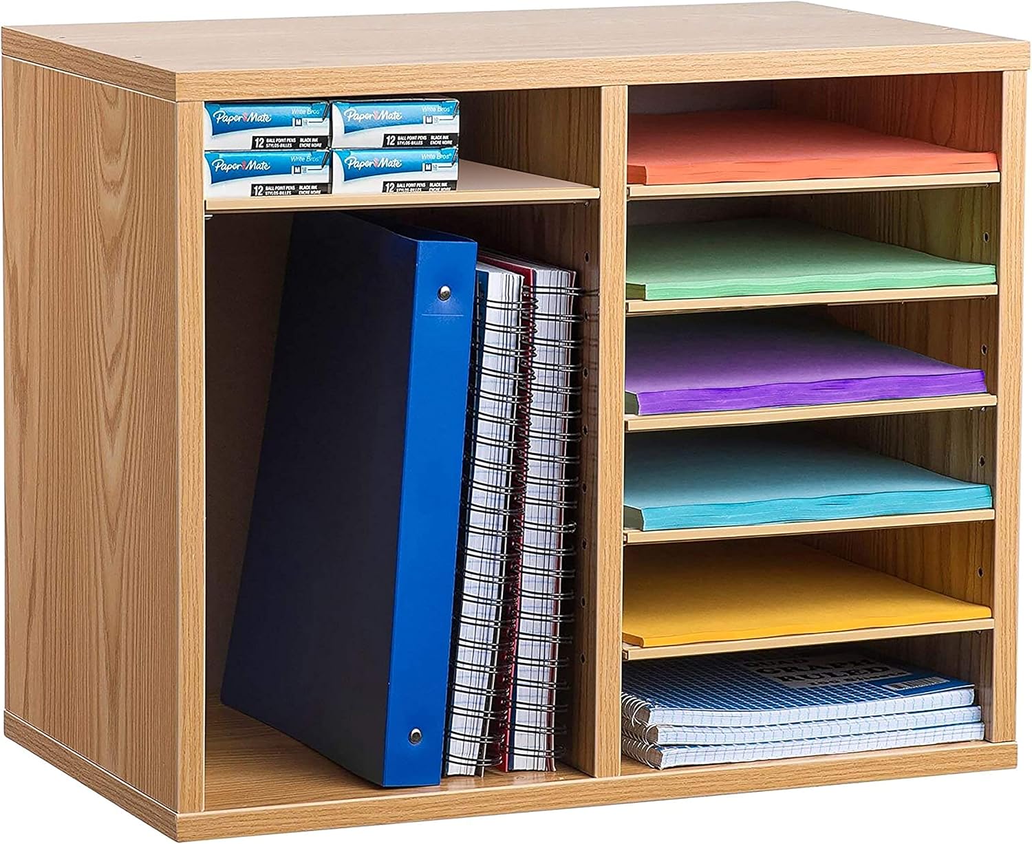 AdirOffice Wooden Literature Organizer Sorter - Stackable File Mail Craft Paper Storage Holder with Removable Shelves for Office, Classrooms, and Mailrooms Organization (12 Compartment, Medium Oak) : Office Products