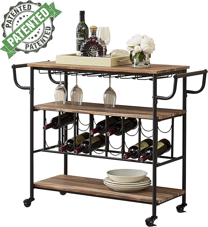 Odthelda Industrial Bar Cart With Wine Rack And Glass Holder Metal Serving Cart And Kitchen Storage Cart 3 Shelves Furniture Game Recreation Room Furniture Eudirect78 Eu