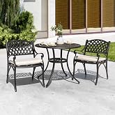 NUU GARDEN 3 Piece Outdoor Bistro Set Cast Aluminum Patio Set Bistro Table Set Rustproof Patio Table and Chairs with Umbrella Hole and Beige Cushions for Backyard, Balcony, Front Porch, Black